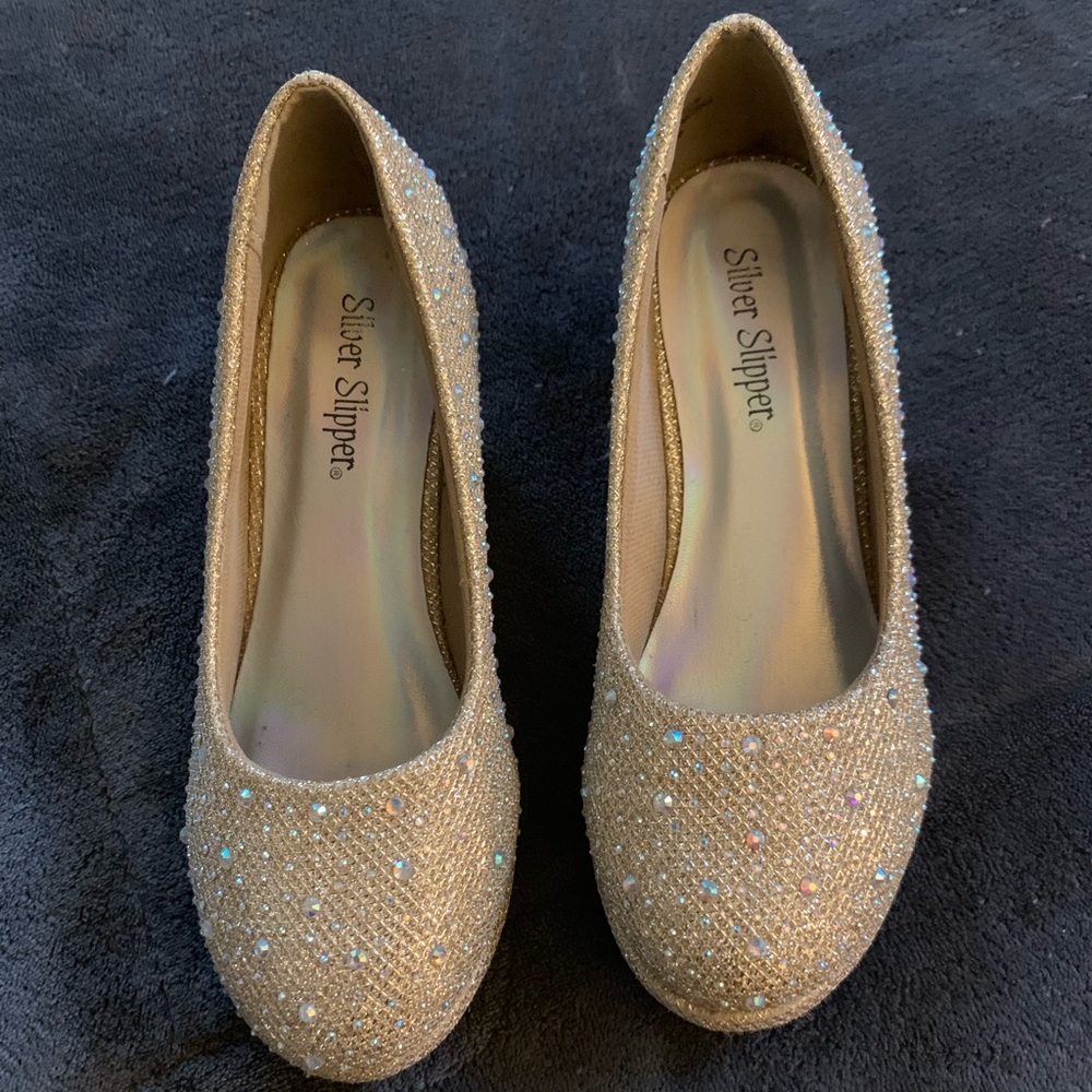 Girls sparkle gold bling formal dress shoes